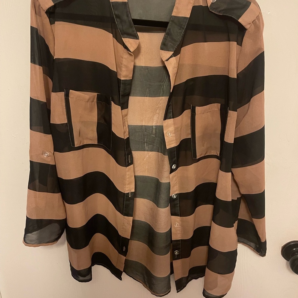 Striped Black and Tan Button-Up Shirt